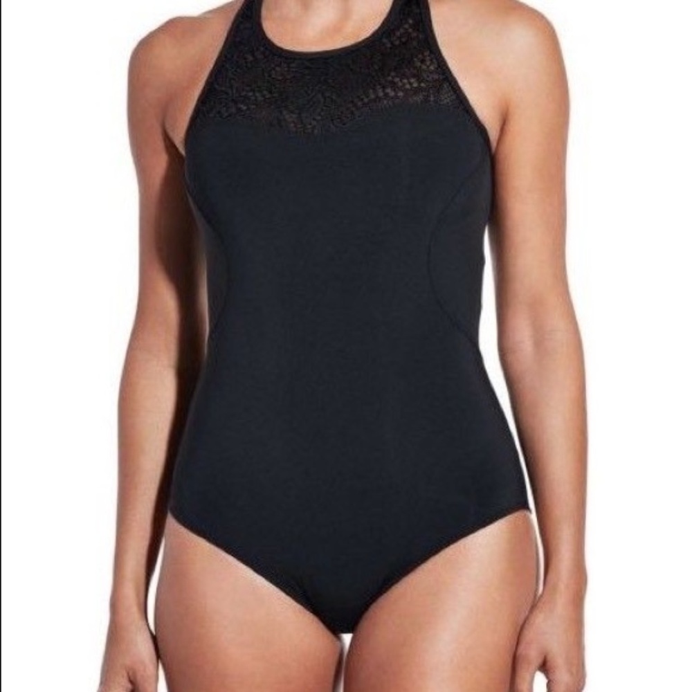 Calia Lace Pieced Zip-Up Black One-Piece Swimsuit